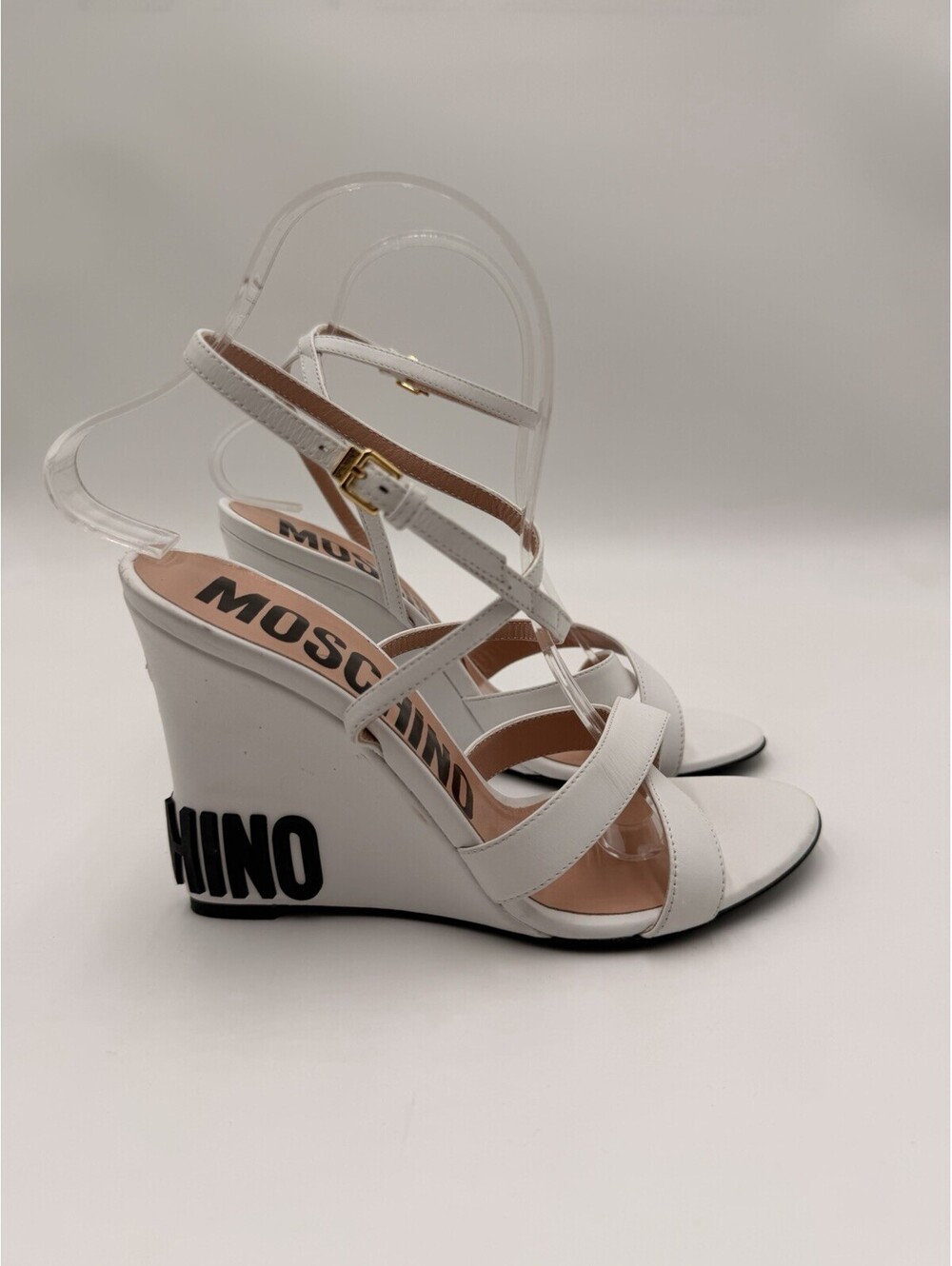 Women’s Moschino Logo Crossover 90mm Wedge Heel Sandals Size 38